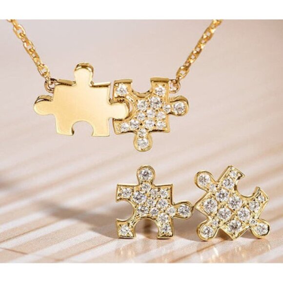 Jigsaw Piece 14K Overlay Silver Zircon Choice of Necklace or Pair of Earrings - Picture 1 of 8